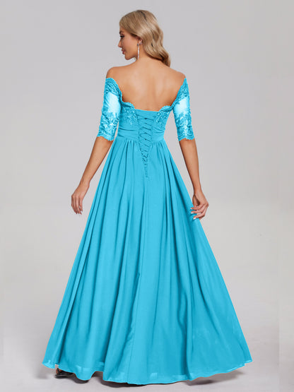 Keira Off the Shoulder Appliqued Lace Chiffon Bridesmaid Dress