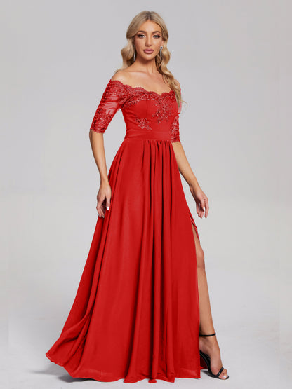 Keira Off the Shoulder Appliqued Lace Chiffon Bridesmaid Dress