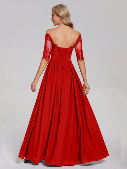 Keira Off the Shoulder Appliqued Lace Chiffon Bridesmaid Dress