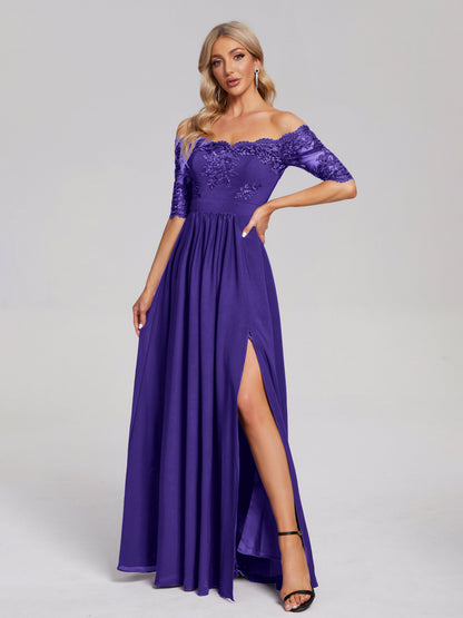 Keira Off the Shoulder Appliqued Lace Chiffon Bridesmaid Dress