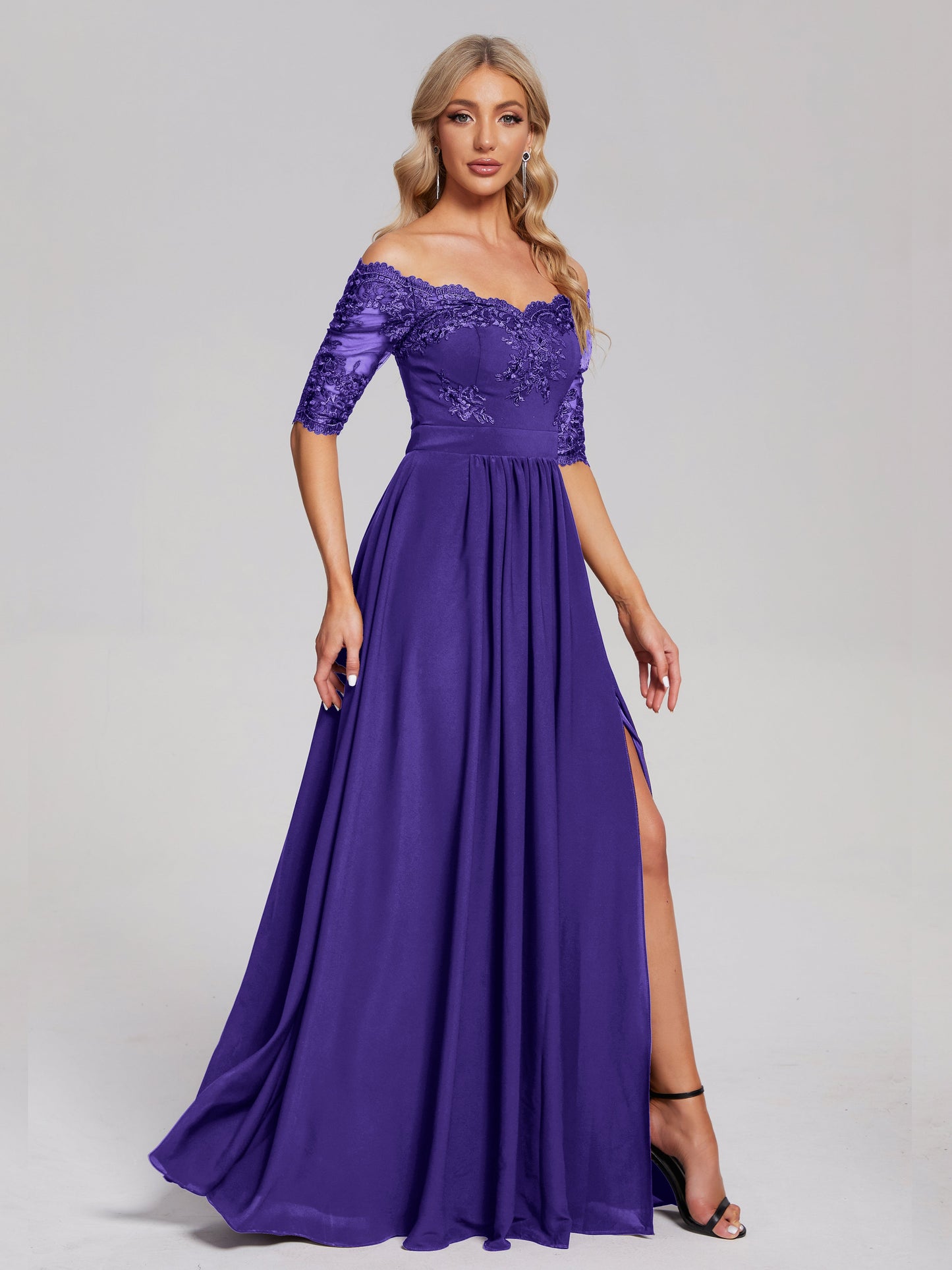 Keira Off the Shoulder Appliqued Lace Chiffon Bridesmaid Dress