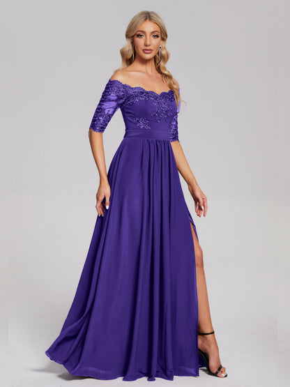 Keira Off the Shoulder Appliqued Lace Chiffon Bridesmaid Dress
