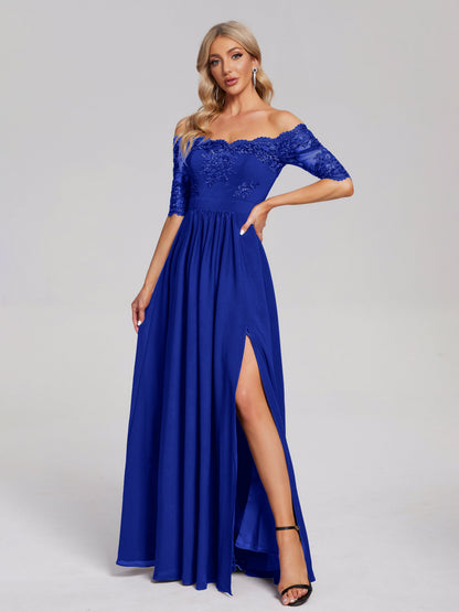 Keira Off the Shoulder Appliqued Lace Chiffon Bridesmaid Dress