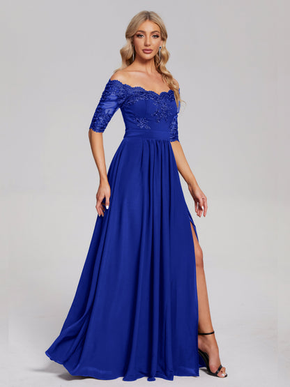 Keira Off the Shoulder Appliqued Lace Chiffon Bridesmaid Dress