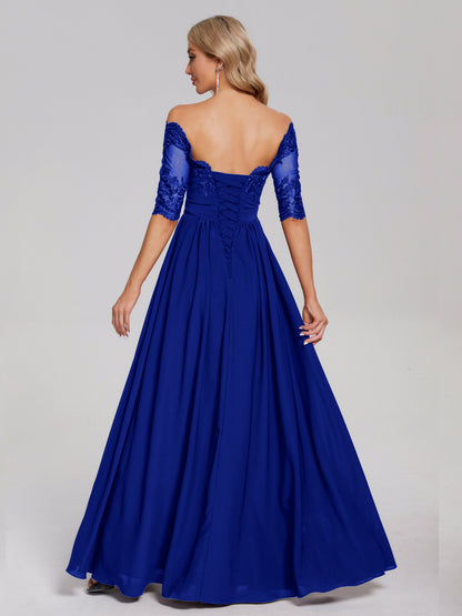 Keira Off the Shoulder Appliqued Lace Chiffon Bridesmaid Dress