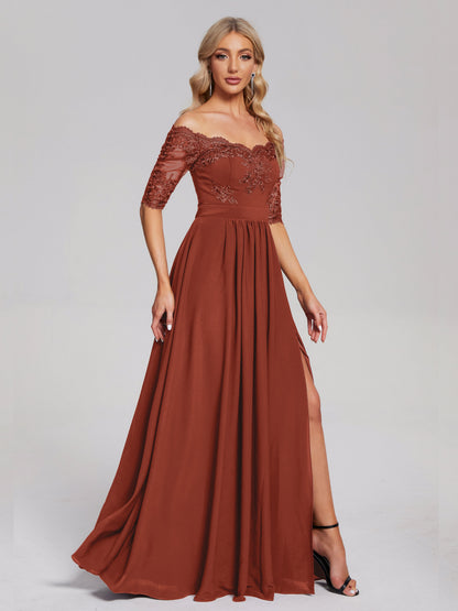Keira Off the Shoulder Appliqued Lace Chiffon Bridesmaid Dress