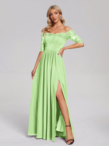 Keira Off the Shoulder Appliqued Lace Chiffon Bridesmaid Dress