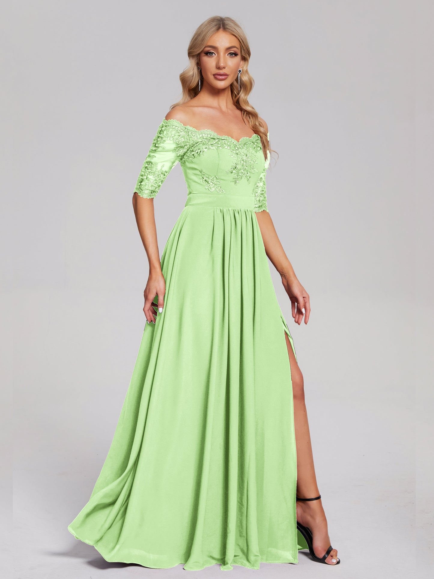 Keira Off the Shoulder Appliqued Lace Chiffon Bridesmaid Dress