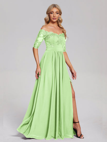 Keira Off the Shoulder Appliqued Lace Chiffon Bridesmaid Dress