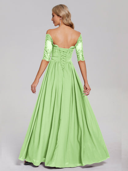 Keira Off the Shoulder Appliqued Lace Chiffon Bridesmaid Dress