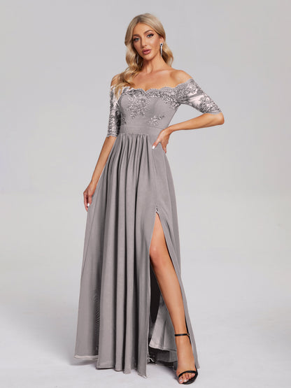 Keira Off the Shoulder Appliqued Lace Chiffon Bridesmaid Dress