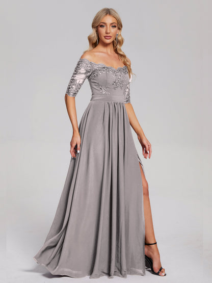 Keira Off the Shoulder Appliqued Lace Chiffon Bridesmaid Dress