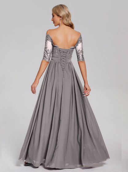Keira Off the Shoulder Appliqued Lace Chiffon Bridesmaid Dress