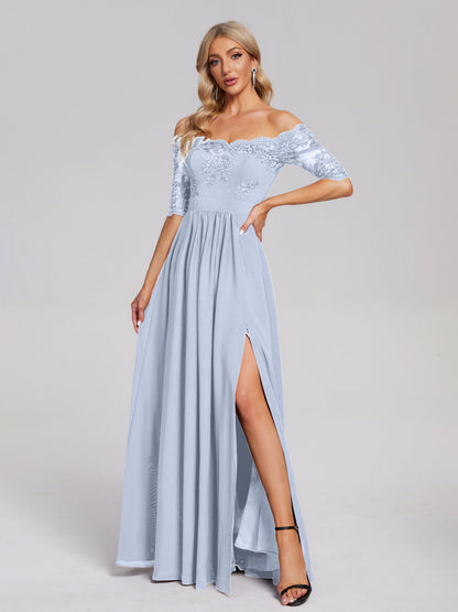 Keira Off the Shoulder Appliqued Lace Chiffon Bridesmaid Dress