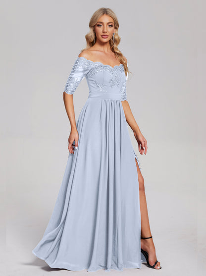 Keira Off the Shoulder Appliqued Lace Chiffon Bridesmaid Dress