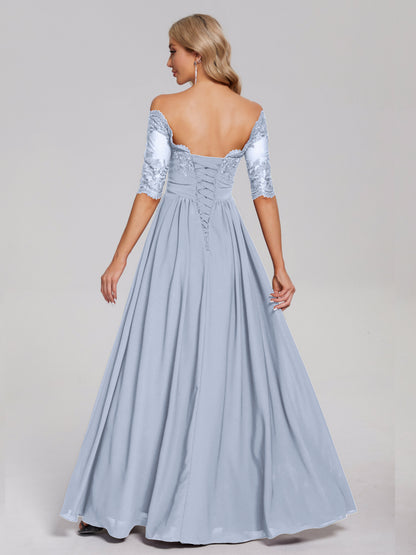 Keira Off the Shoulder Appliqued Lace Chiffon Bridesmaid Dress