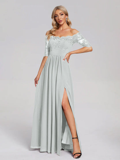 Keira Off the Shoulder Appliqued Lace Chiffon Bridesmaid Dress