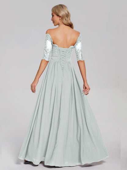 Keira Off the Shoulder Appliqued Lace Chiffon Bridesmaid Dress