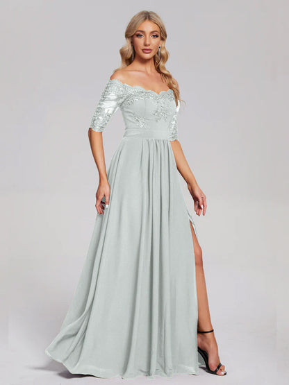 Keira Off the Shoulder Appliqued Lace Chiffon Bridesmaid Dress