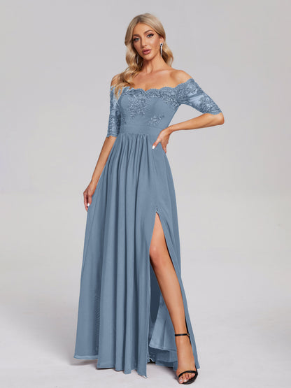 Keira Off the Shoulder Appliqued Lace Chiffon Bridesmaid Dress