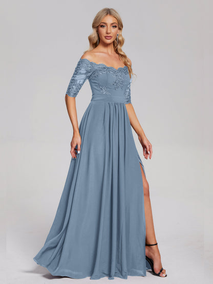 Keira Off the Shoulder Appliqued Lace Chiffon Bridesmaid Dress
