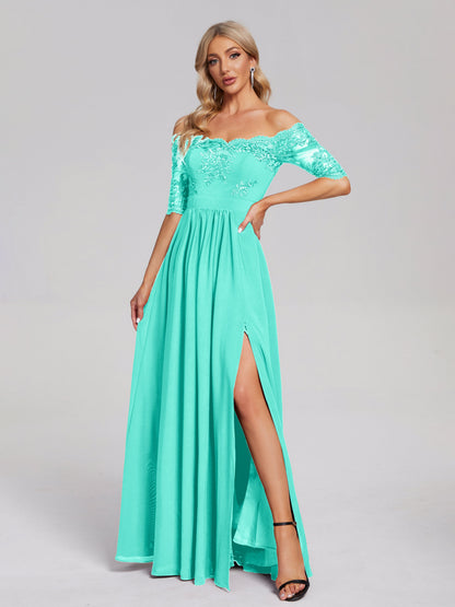 Keira Off the Shoulder Appliqued Lace Chiffon Bridesmaid Dress