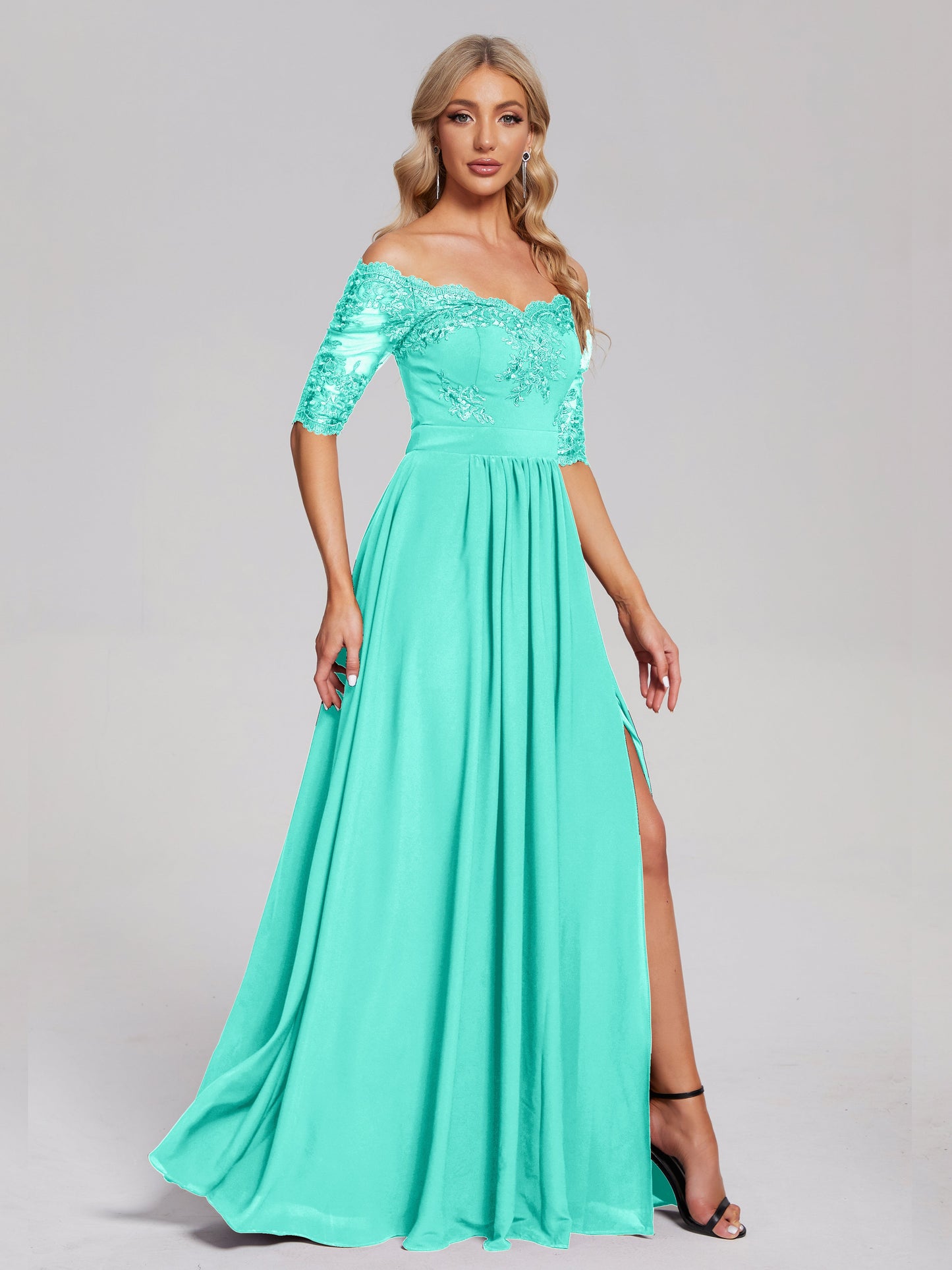 Keira Off the Shoulder Appliqued Lace Chiffon Bridesmaid Dress