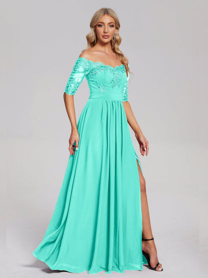 Keira Off the Shoulder Appliqued Lace Chiffon Bridesmaid Dress