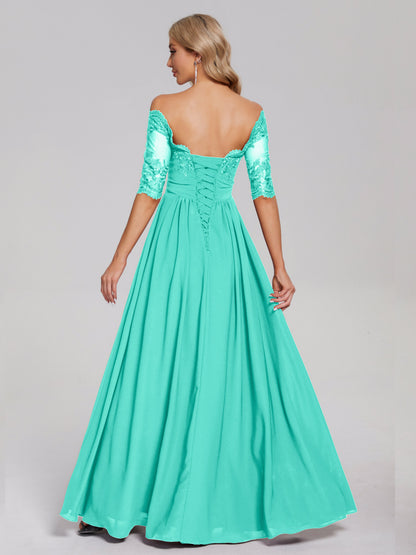 Keira Off the Shoulder Appliqued Lace Chiffon Bridesmaid Dress