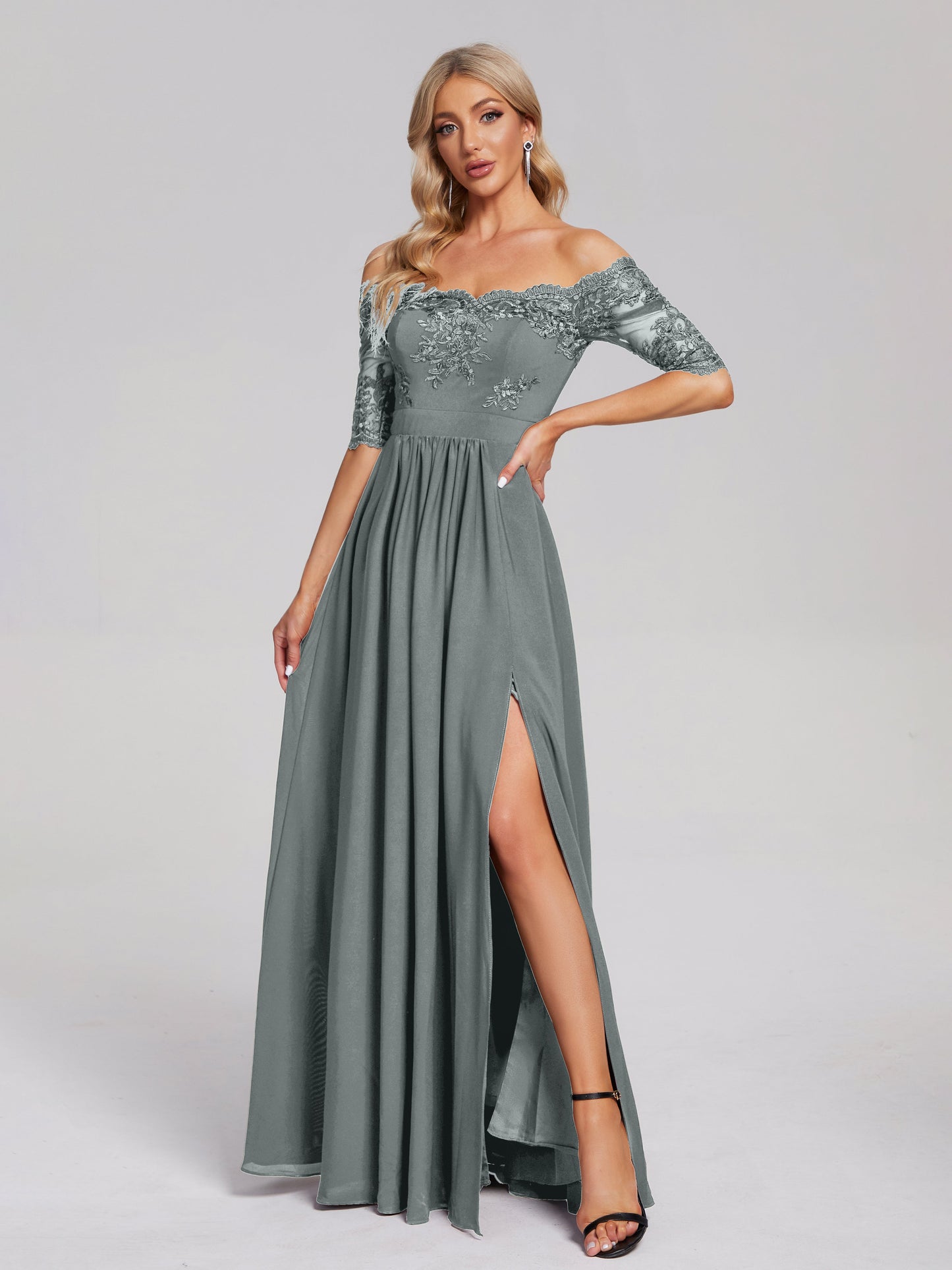 Keira Off the Shoulder Appliqued Lace Chiffon Bridesmaid Dress