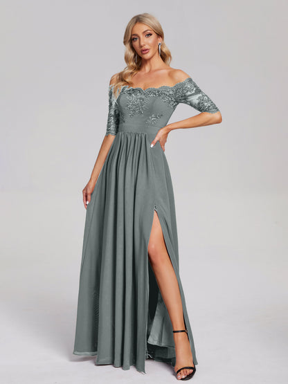 Keira Off the Shoulder Appliqued Lace Chiffon Bridesmaid Dress