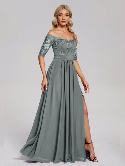 Keira Off the Shoulder Appliqued Lace Chiffon Bridesmaid Dress