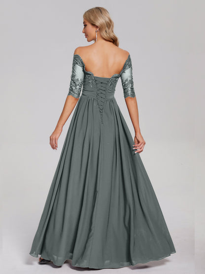 Keira Off the Shoulder Appliqued Lace Chiffon Bridesmaid Dress