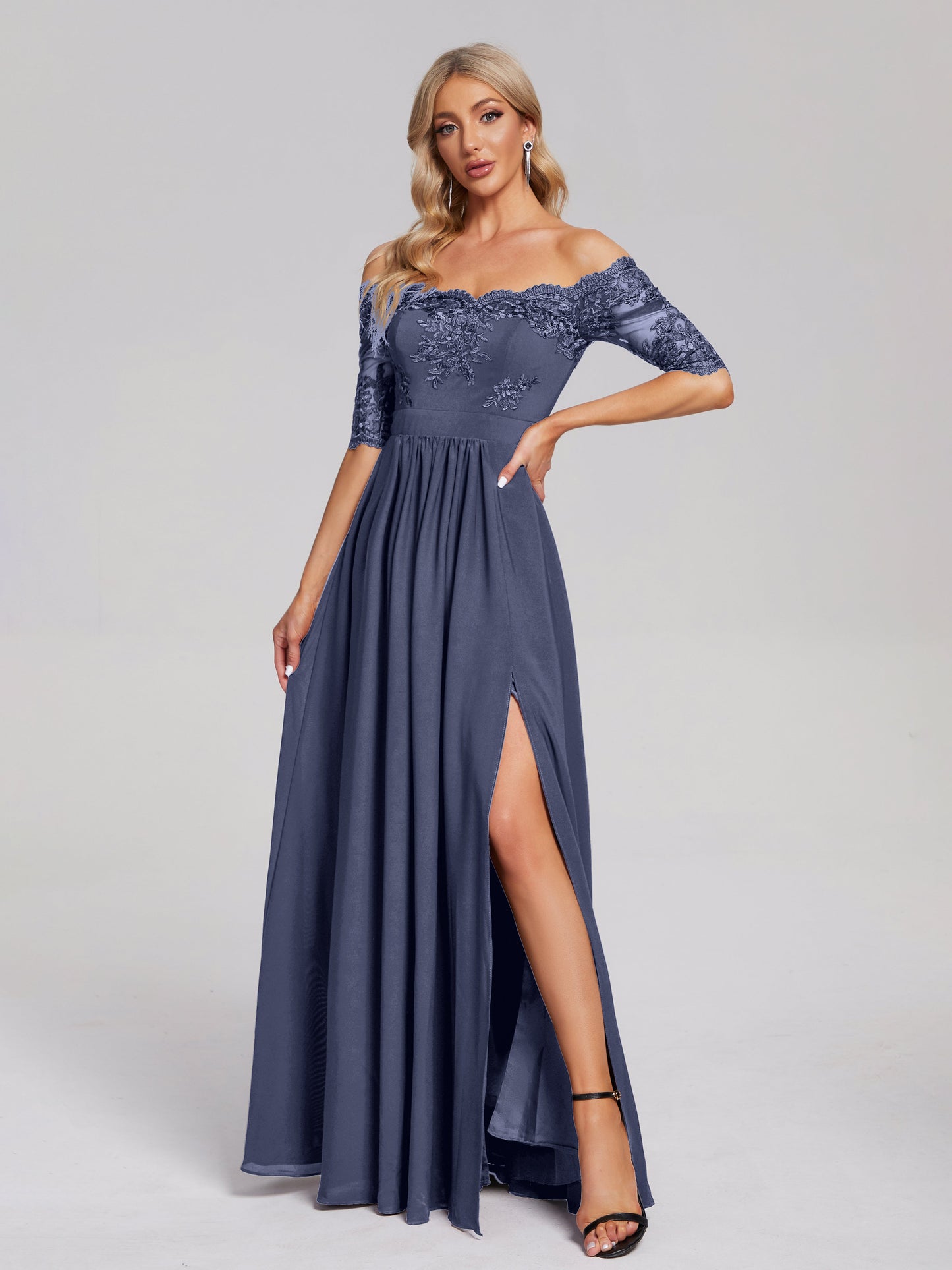 Keira Off the Shoulder Appliqued Lace Chiffon Bridesmaid Dress