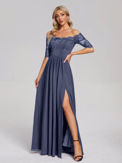 Keira Off the Shoulder Appliqued Lace Chiffon Bridesmaid Dress