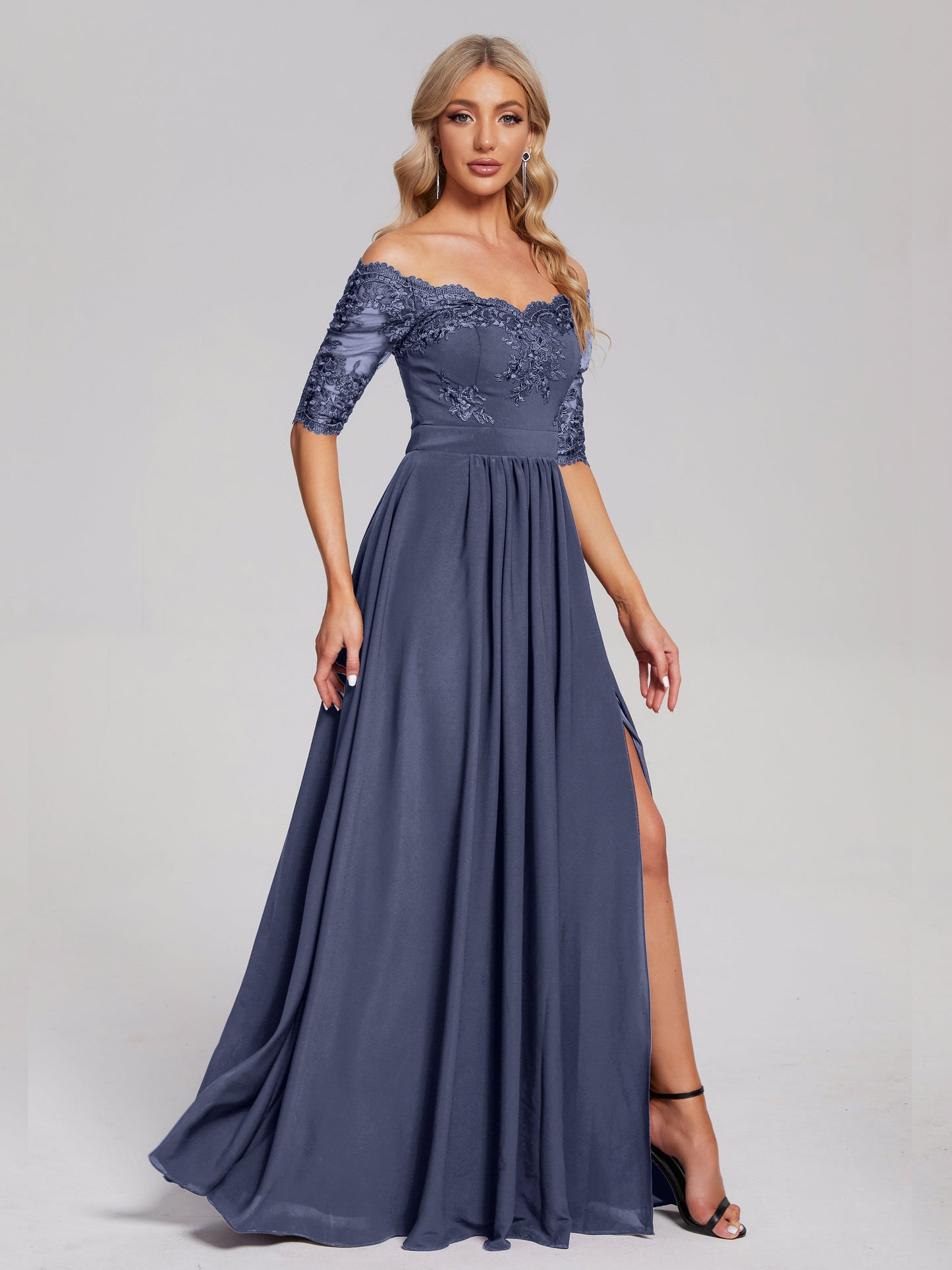 Keira Off the Shoulder Appliqued Lace Chiffon Bridesmaid Dress