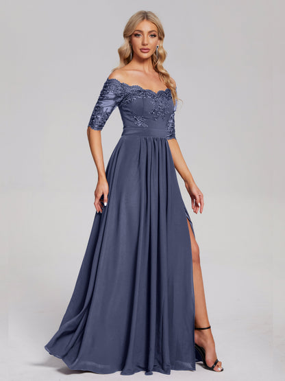 Keira Off the Shoulder Appliqued Lace Chiffon Bridesmaid Dress