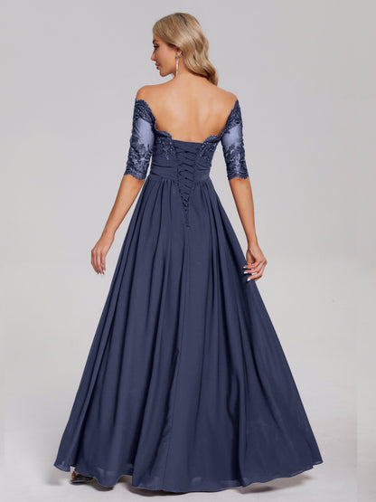 Keira Off the Shoulder Appliqued Lace Chiffon Bridesmaid Dress
