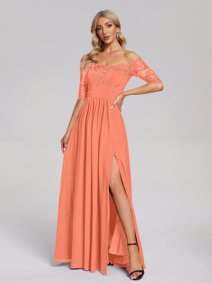 Keira Off the Shoulder Appliqued Lace Chiffon Bridesmaid Dress