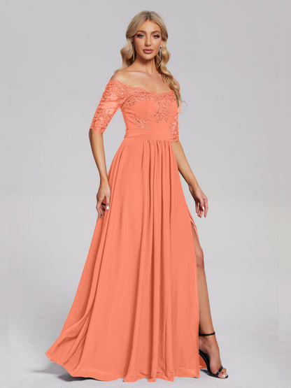 Keira Off the Shoulder Appliqued Lace Chiffon Bridesmaid Dress