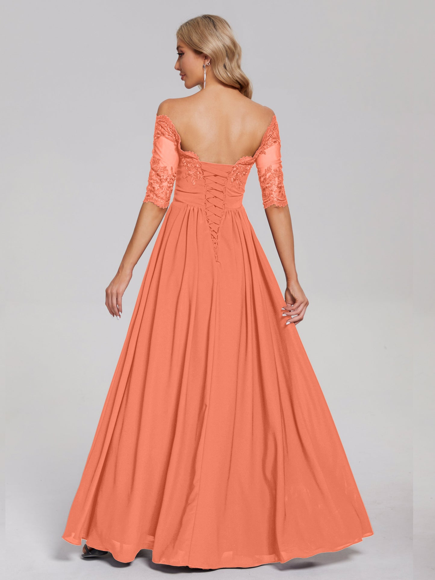 Keira Off the Shoulder Appliqued Lace Chiffon Bridesmaid Dress