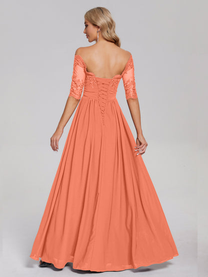 Keira Off the Shoulder Appliqued Lace Chiffon Bridesmaid Dress