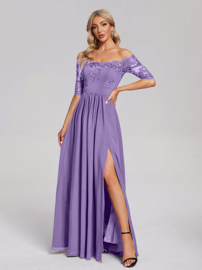 Keira Off the Shoulder Appliqued Lace Chiffon Bridesmaid Dress