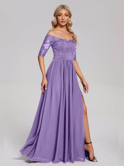 Keira Off the Shoulder Appliqued Lace Chiffon Bridesmaid Dress