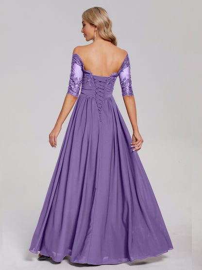 Keira Off the Shoulder Appliqued Lace Chiffon Bridesmaid Dress