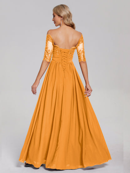 Keira Off the Shoulder Appliqued Lace Chiffon Bridesmaid Dress