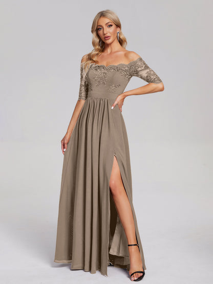 Keira Off the Shoulder Appliqued Lace Chiffon Bridesmaid Dress