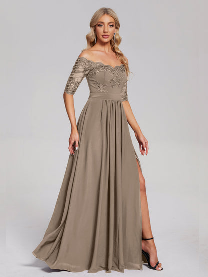 Keira Off the Shoulder Appliqued Lace Chiffon Bridesmaid Dress
