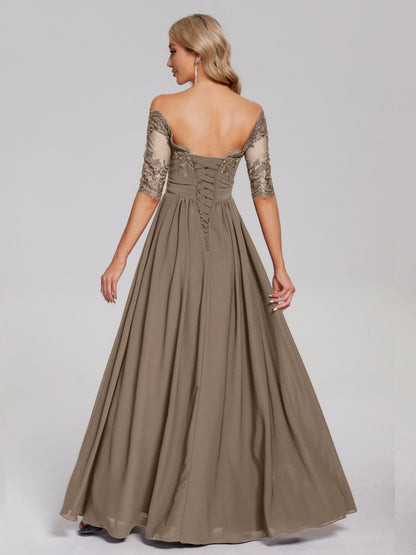 Keira Off the Shoulder Appliqued Lace Chiffon Bridesmaid Dress