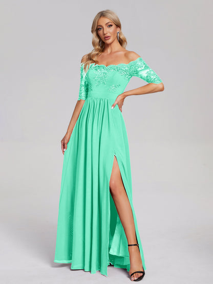 Keira Off the Shoulder Appliqued Lace Chiffon Bridesmaid Dress